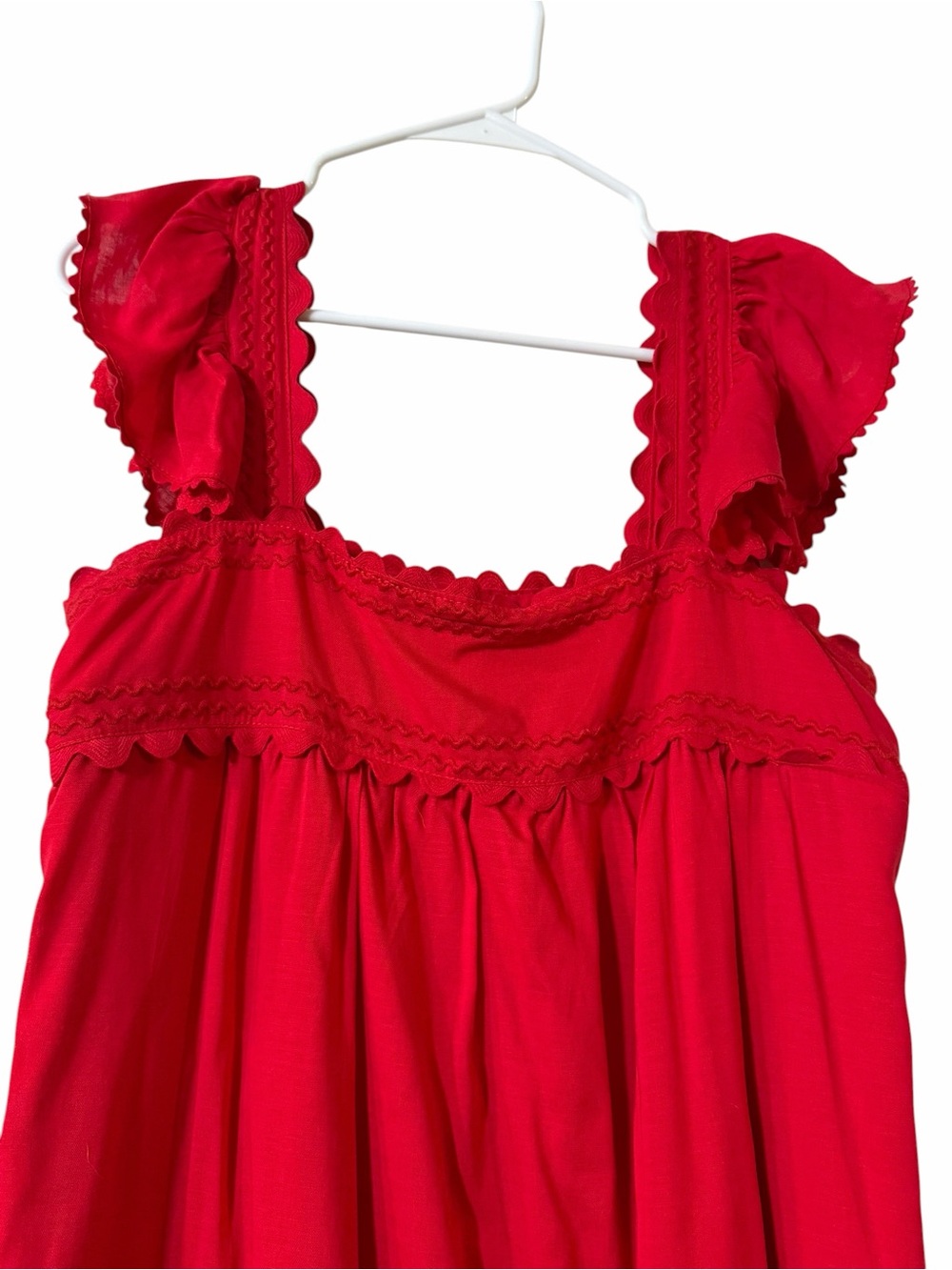 J.Marie Red Scallop Trim Babydoll Dress Small Linen Blend Flutter Sleeve - Picture 3 of 8